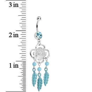 Aqua Gem and Feathers Flowered Dreamcatcher Dangle Belly Ring