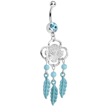 Aqua Gem and Feathers Flowered Dreamcatcher Dangle Belly Ring