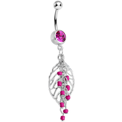 Pink Gem Delicate Beaded Leaf Dangle Belly Ring