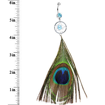 Aqua Gem Peacock Feather Dreamcatcher Dangle Belly Ring