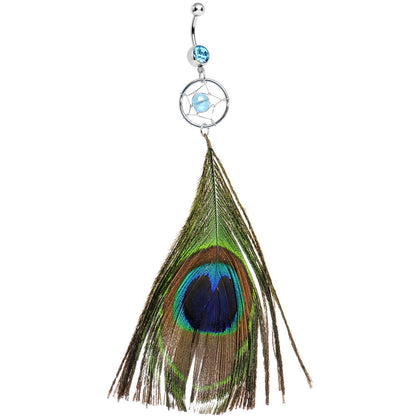 Aqua Gem Peacock Feather Dreamcatcher Dangle Belly Ring