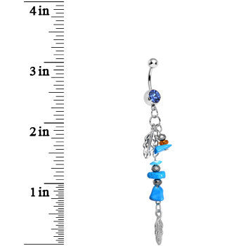 Blue Gem Turquoise Silver Feathers Native American Dangle Belly Ring