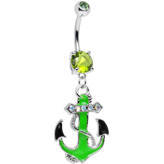 Green Aurora Gem Neon Black Tipped Anchor Dangle Belly Ring