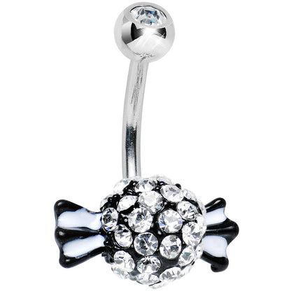 Crystalline Gem Paved Black and White Piece of Candy Belly Ring