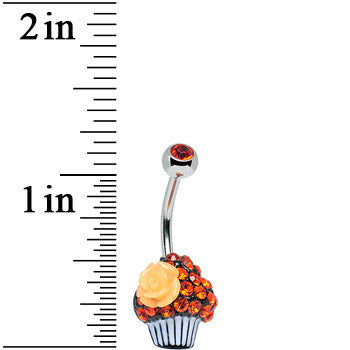 Orange Gem Paved Rose Flower Topped Cupcake Belly Ring