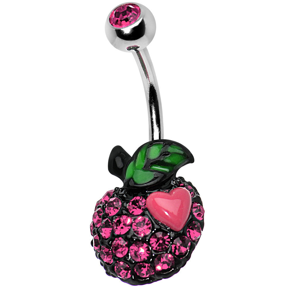 Pink Gem Paved Apple and Pink Heart Belly Ring