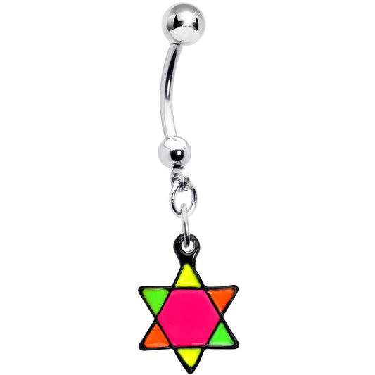 Pink Neon Enamel Star of David Dangle Belly Button Ring