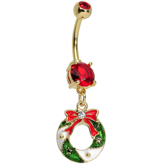 Red CZ Gold Plated Snow Covered Wreath Dangling Belly Ring