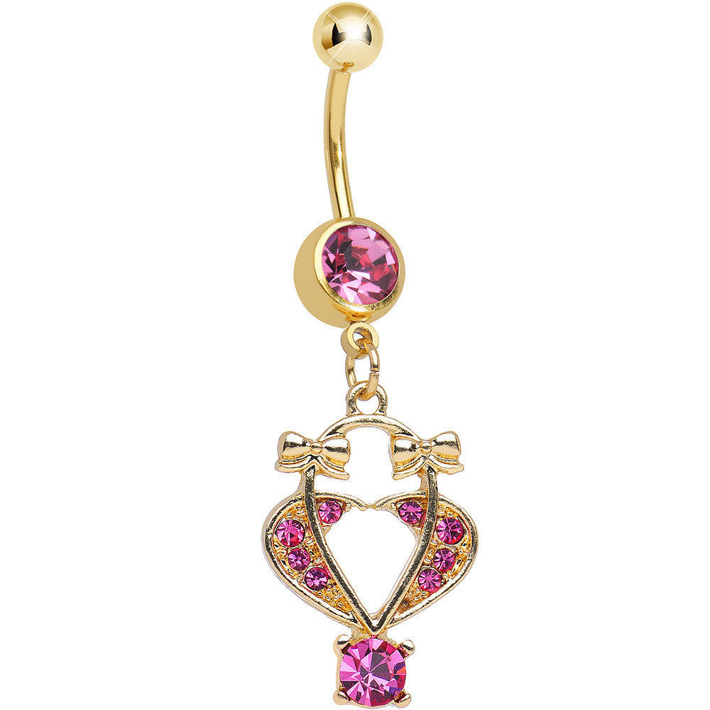 Pink Gem Gold Plated Bow Tied Basket Heart Dangle Belly Ring