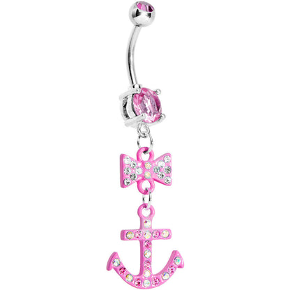 Pink Double Gem Bow Tie Pink Anchor Dangle Belly Ring