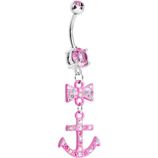 Pink Double Gem Bow Tie Pink Anchor Dangle Belly Ring