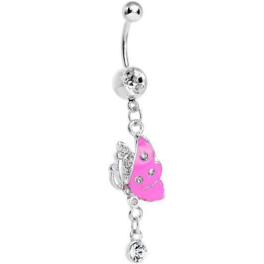 Clear Gem Pink Wing Butterfly Dangle Belly Ring