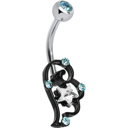 Aqua and Clear Gem Star Over Black Puffy Wing Belly Ring