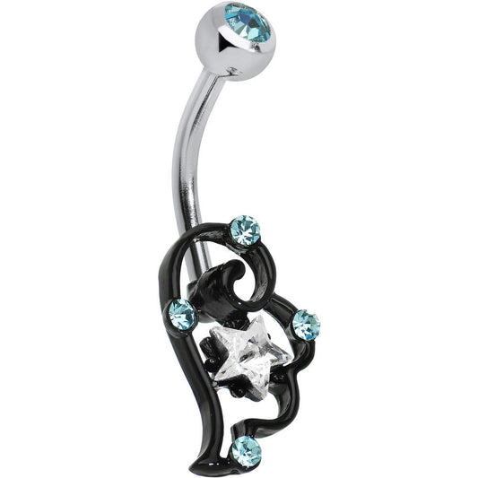 Aqua and Clear Gem Star Over Black Puffy Wing Belly Ring