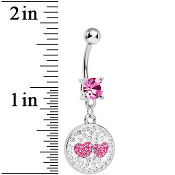 Pink Clear Gem Paved Perfect Match Hearts Dangle Belly Ring