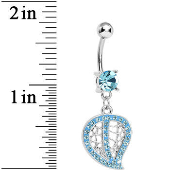 Aqua Gem Paved Hollow Leaf Dangle Belly Ring