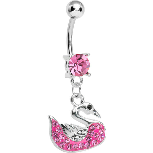 Pink Gem Paved Pink Swan Dangle Belly Ring