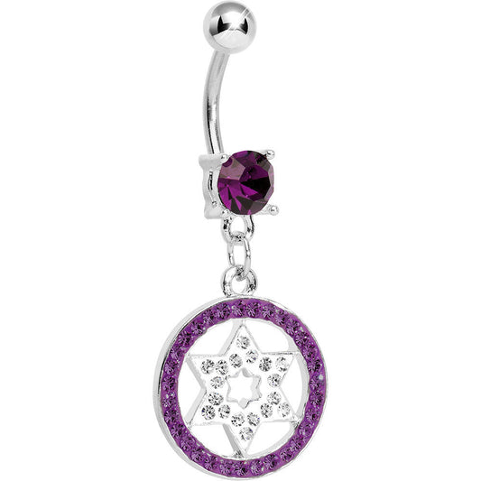 Dark Purple Gem Paved Enclosed Star of David Dangle Belly Ring
