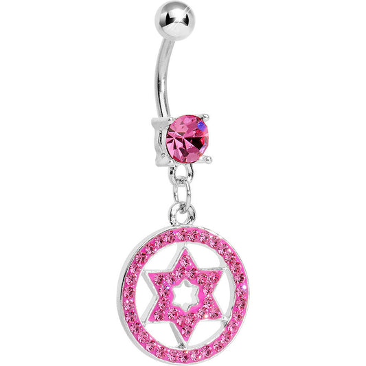 Pink Gem Paved Enclosed Star of David Dangle Belly Ring