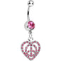 Pink Gem Paved Peace Sign Heart Dangle Belly Ring