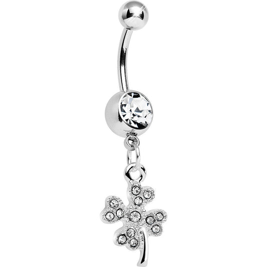 Crystalline Gem Delicate Four Leaf Clover Dangle Belly Ring