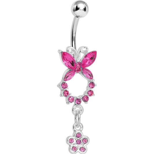 Pink Gem Hollow Eternity Butterfly Dangle Belly Ring