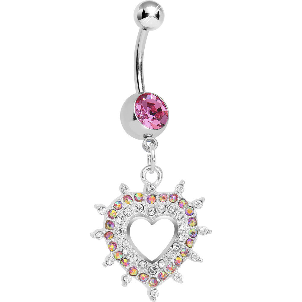 Pink Gem Crystalline Royal Hollow Heart Dangle Belly Ring