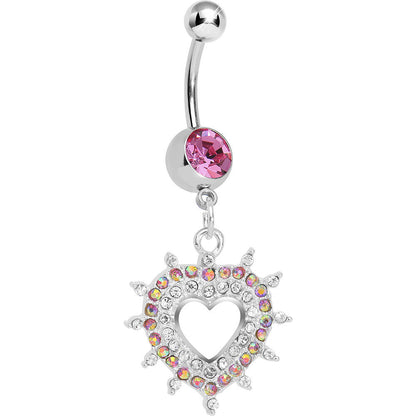 Pink Gem Crystalline Royal Hollow Heart Dangle Belly Ring