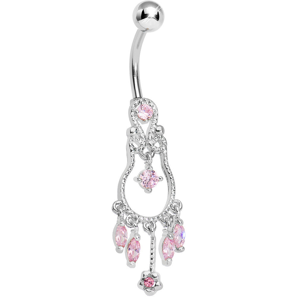 Pink Gem Pear with Dainty Rose Flower Dangle Belly Ring