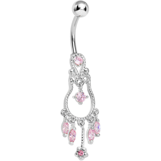 Pink Gem Pear with Dainty Rose Flower Dangle Belly Ring