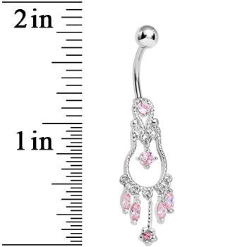 Pink Gem Pear with Dainty Rose Flower Dangle Belly Ring