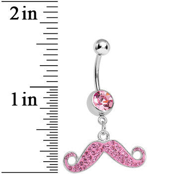 Pink Gem Paved Super Fun Mustache Dangle Belly Ring