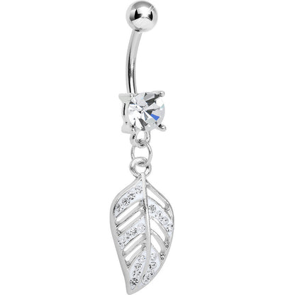 Crystalline Gem Paved Floating Leaf Dangle Belly Ring