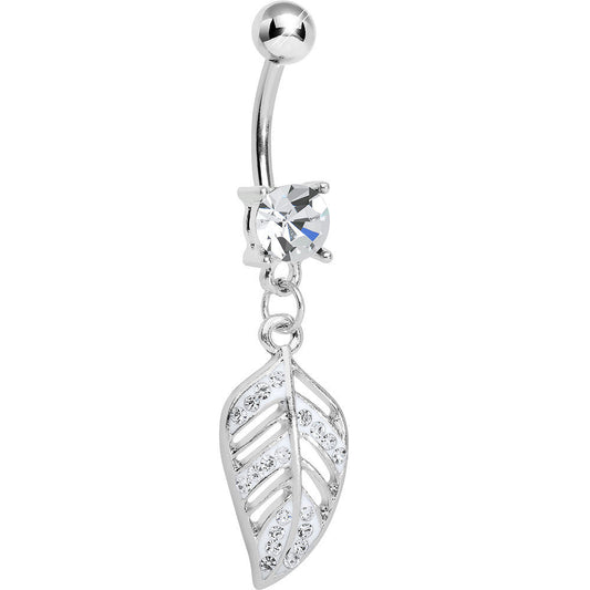 Crystalline Gem Paved Floating Leaf Dangle Belly Ring