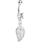Crystalline Gem Paved Floating Leaf Dangle Belly Ring