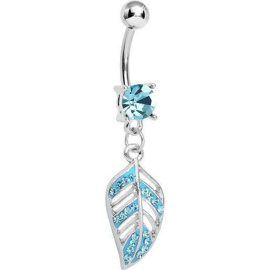 Aqua Gem Paved Floating Leaf Dangle Belly Ring