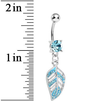 Aqua Gem Paved Floating Leaf Dangle Belly Ring
