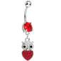 Red Gem and Paved Heart For the Love of Owls Dangle Belly Ring