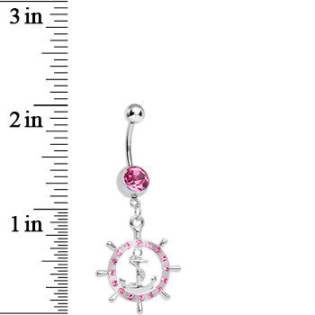 Pink Gem Ship Wheel and Anchor Dangle Belly Ring