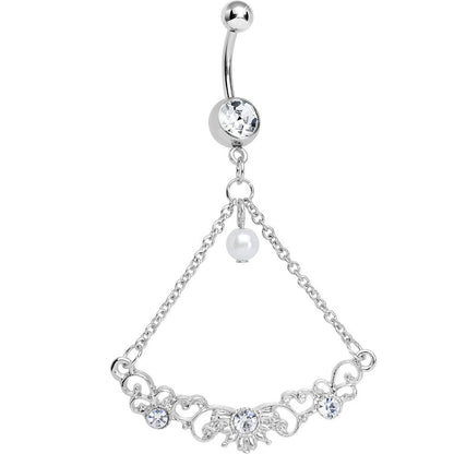 Crystalline Gem Faux Pearl Fanciful Scrolls Chandelier Belly Ring