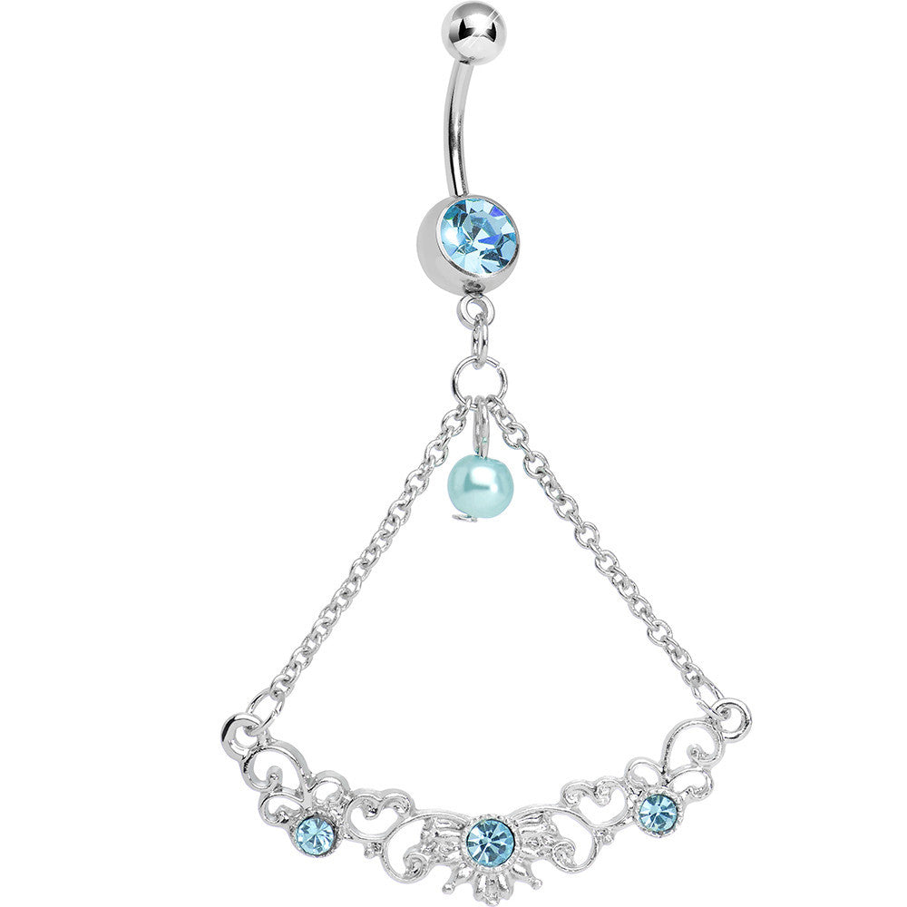 Aqua Gem Faux Pearl Fanciful Scrolls Chandelier Belly Ring