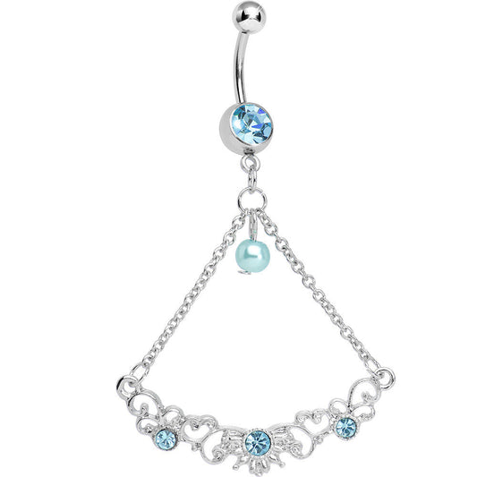 Aqua Gem Faux Pearl Fanciful Scrolls Chandelier Belly Ring