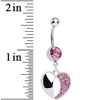 Pink Gem Paved Reflective Heart Dangle Belly Ring