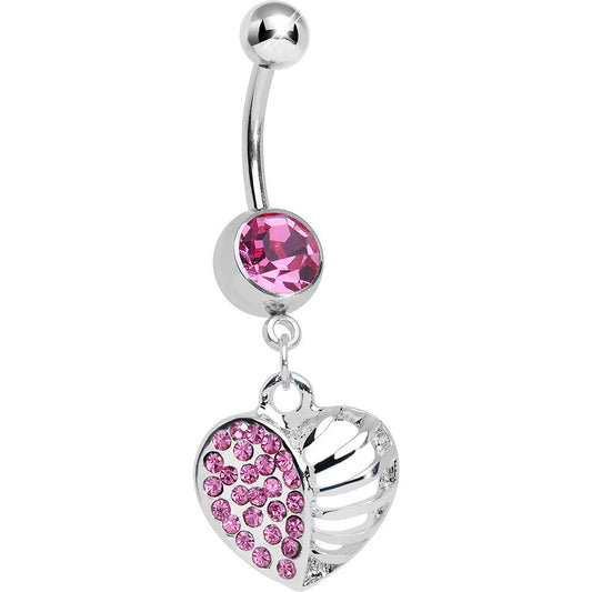 Pink Gem Paved Cage Heart Dangle Belly Ring