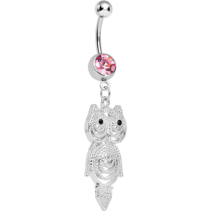 Pink Gem Pensive Owl Dangle Belly Ring