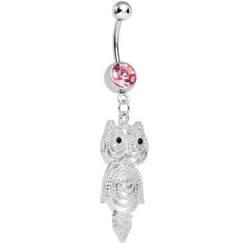 Pink Gem Pensive Owl Dangle Belly Ring