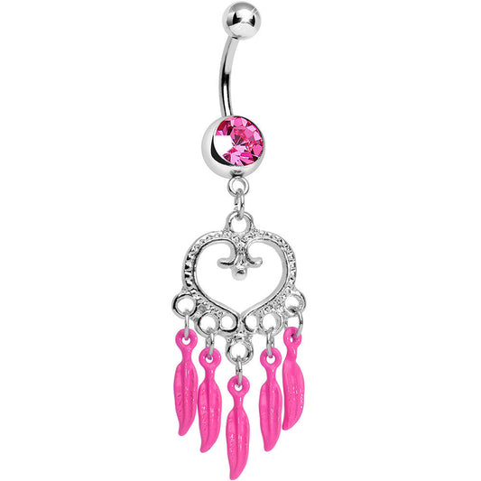 Pink Gem Heart Full of Dreamcatcher Dangle Belly Ring