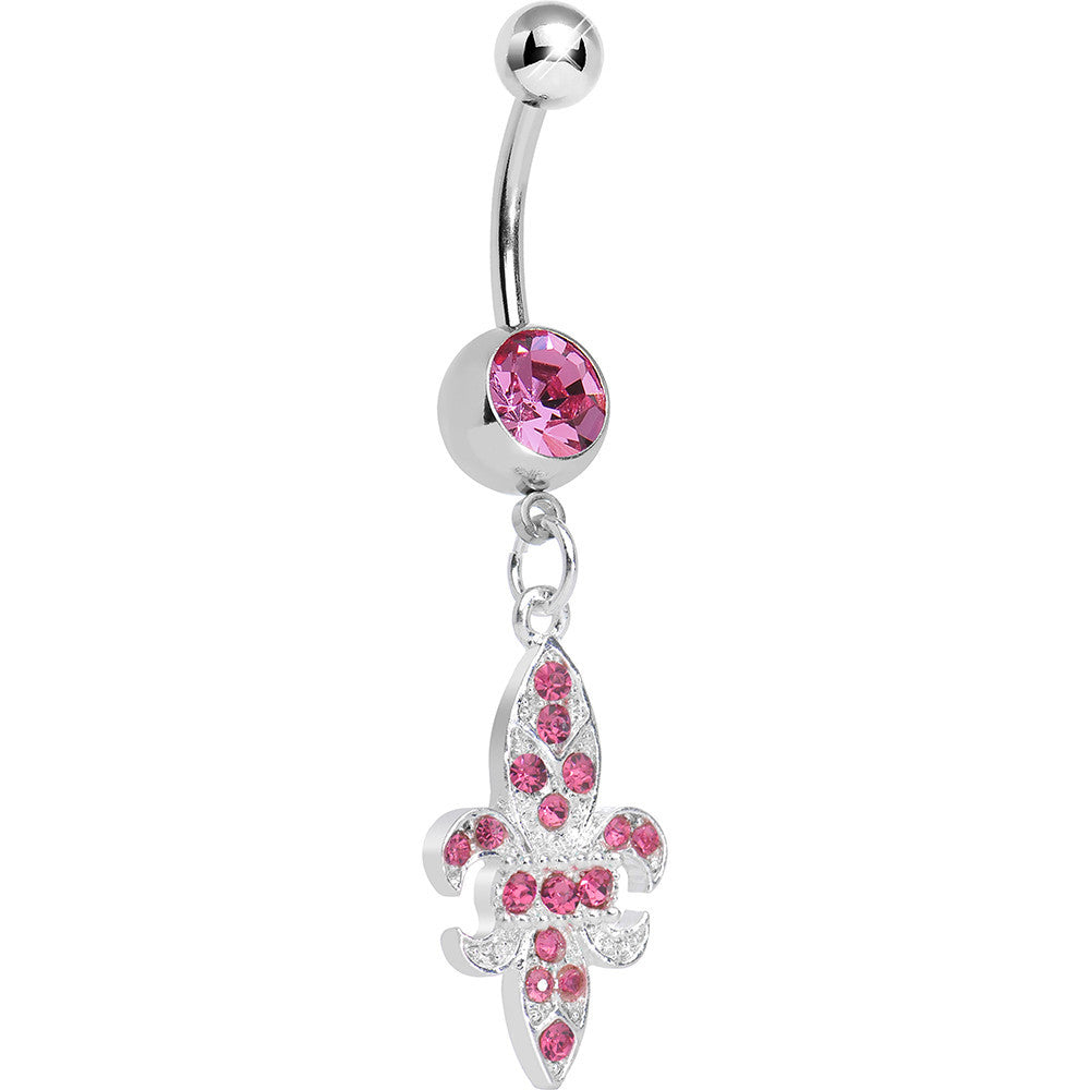 Pink Gem Paved Fleur de Lis Dangle Belly Ring