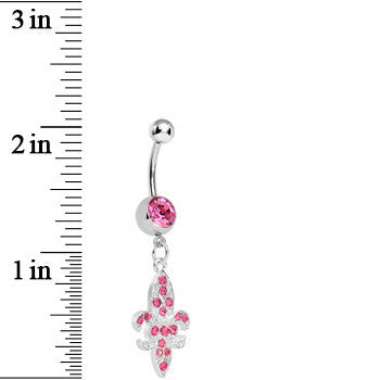 Pink Gem Paved Fleur de Lis Dangle Belly Ring