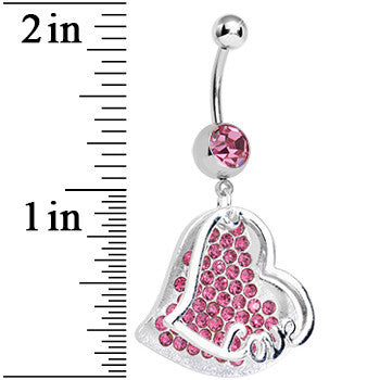 Pink Gem Paved Love Heart Dangle Belly Ring